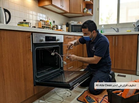 فني متخصص يقوم بصيانة فرن في مطبخ منزلي بالخبر